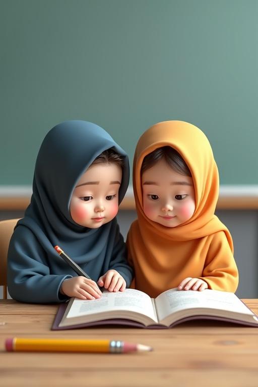 Two young children in hijab reading a book together. One child wears blue hijab and another wears orange. A pencil and bag are placed nearby. Background is a classroom setting.