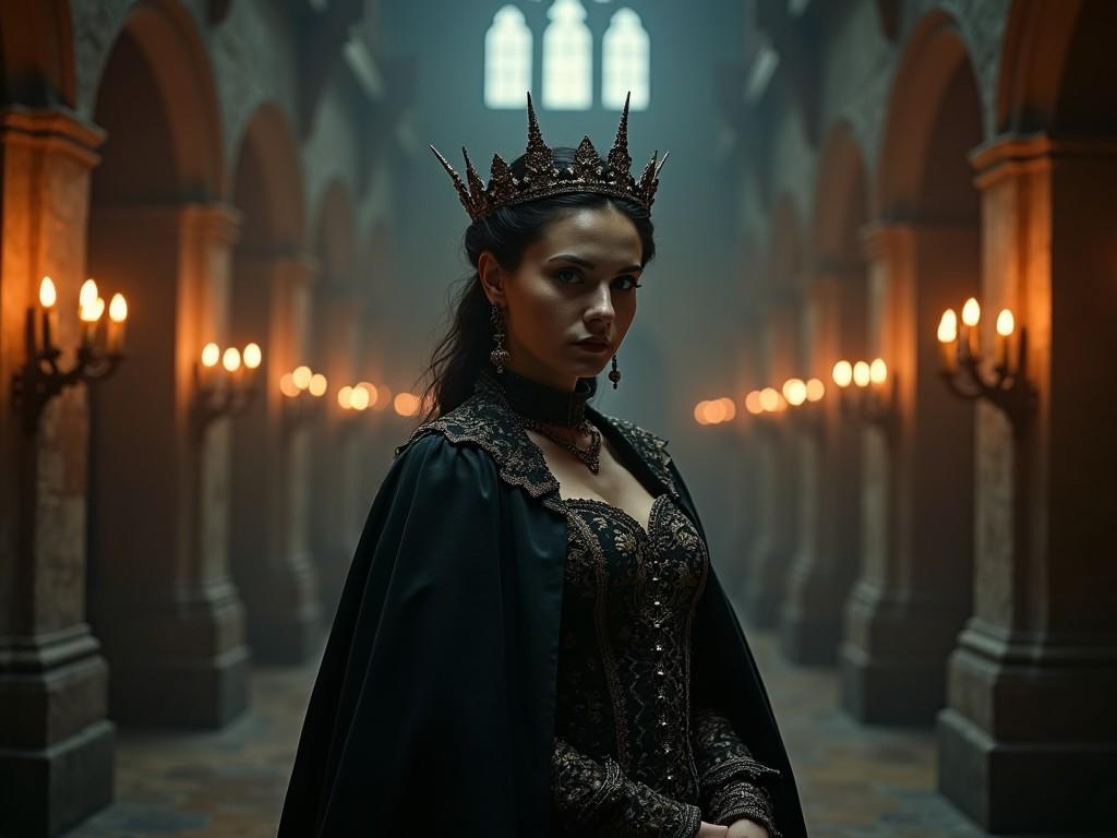 This image portrays a mysterious woman dressed in elaborate gothic attire, reminiscent of medieval royalty. She wears a dark, intricately designed gown and a striking crown, suggesting wealth and power. The background reveals a dimly lit corridor with archways and flickering candles, enhancing the eerie atmosphere. The overall mood evokes themes of mystery and history, hinting at darker tales. The setting could relate to stories of Elizabeth Báthory, the notorious figure connected to macabre legends, making it an excellent visual representation for gothic narratives.