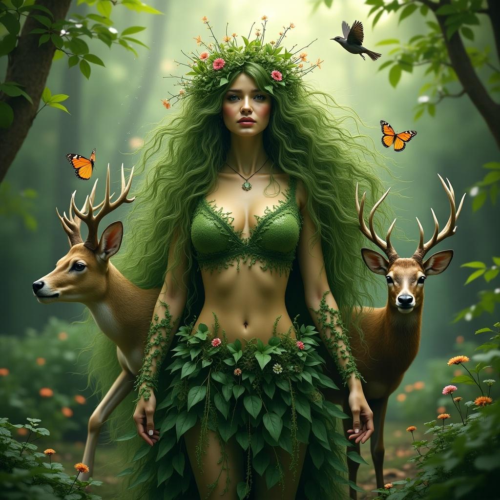 Create an ultra-realistic image featuring a goddess of nature. The goddess has a peaceful and majestic appearance. She is covered in vibrant vegetation, with leaves and flowers on her body. The skin has an earthy or greenish tone. The hair consists of grass and wildflowers. Bright emerald eyes reflect nature's vitality. Surrounding her are various animals including birds, butterflies, and deer, emphasizing her bond with nature.