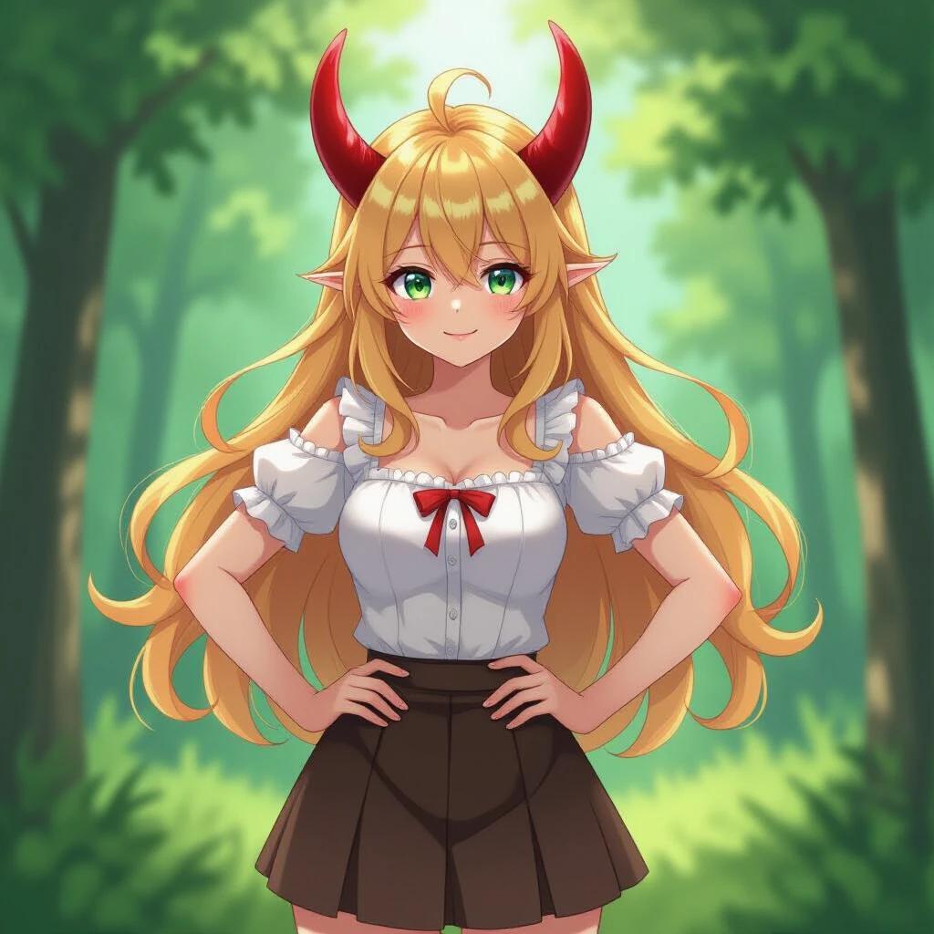 A blonde girl with long hair and oni horns stands confidently in a forest. She has her hands on her hips, wearing a frilly shirt and a skirt. Soft light shines from behind her, enhancing her features. The artwork is in anime style with tsurime eyes.
