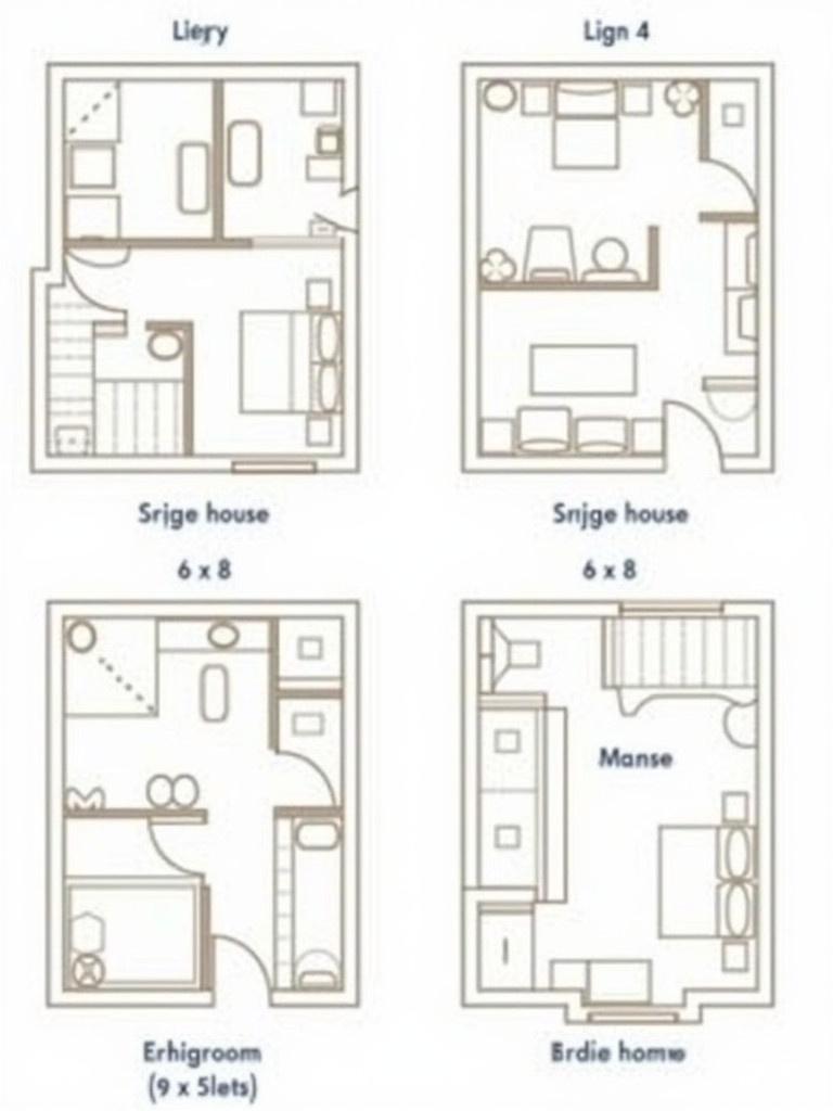 Four distinct house layouts shown. Each layout size is 13 x 5 squares meters. Layouts labeled Lign 4 Srijge house 6 x 8 dhd home. Illustrations depict different room and furniture arrangements.