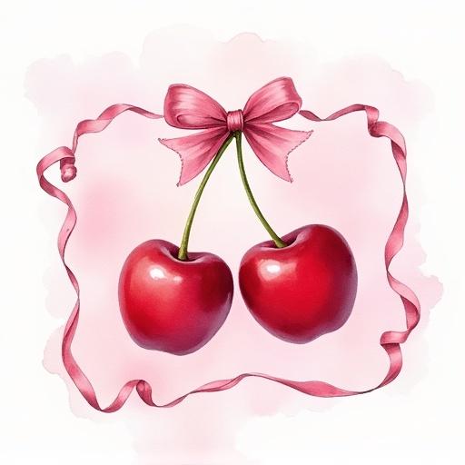Watercolor painting depicting a pair of cherries with a light pink background. A pretty ribbon wraps around the border with a bow at the top.
