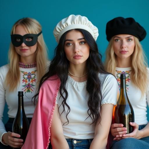 Three women are sitting together. One woman has black hair and blue eyes. She wears a white beret and a white folk-style shirt. She holds a wine bottle. Another woman has blonde hair with blue eyes. She wears a black beret and a colorful shirt. She holds a whiskey bottle. The third woman is younger with blonde hair. She wears a blue shirt and a pink cape. They are smiling at the viewer with excitement. Background is blue.