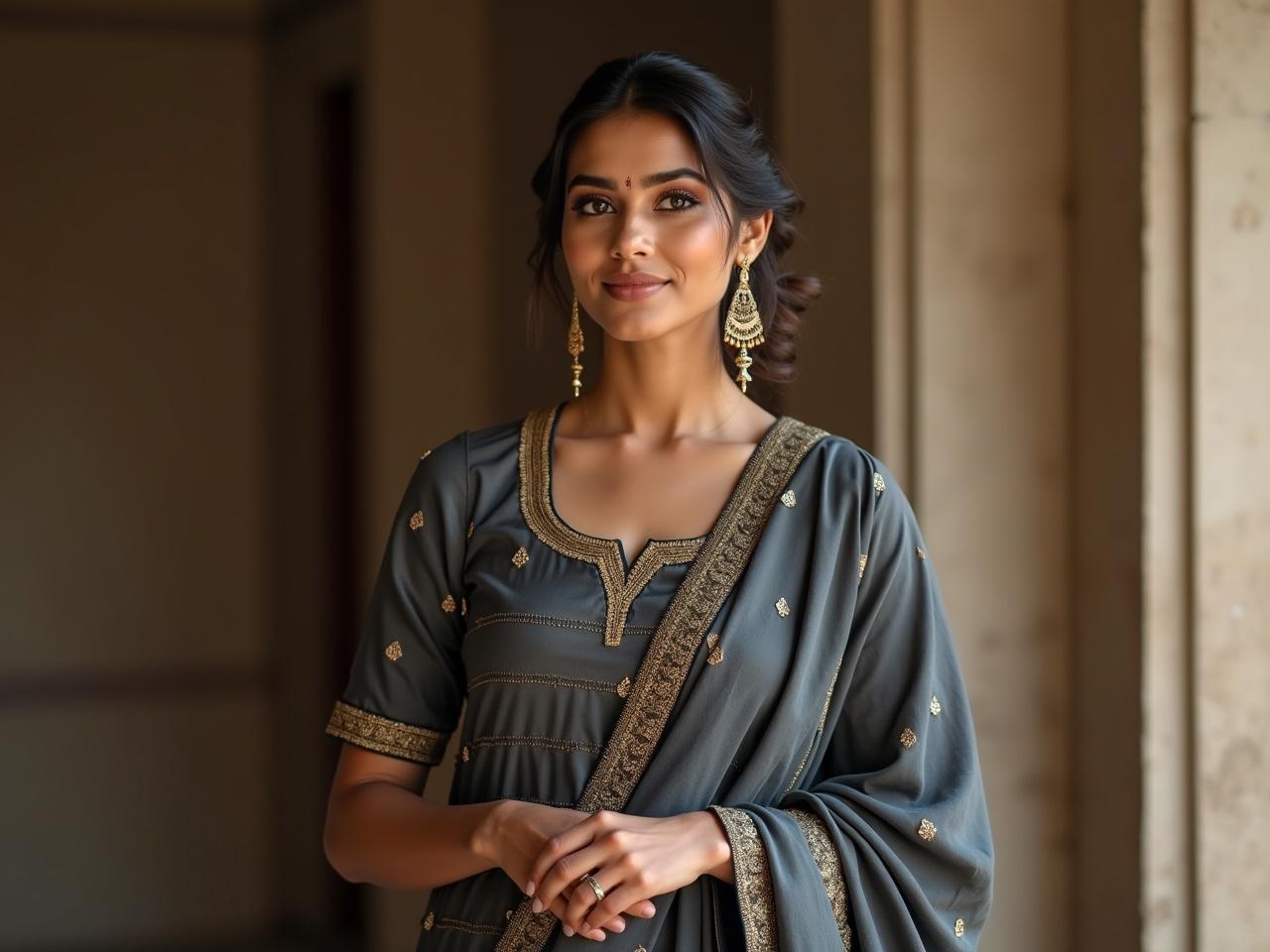 An elegant Indian woman is portrayed wearing a heavy grey shrug that features zigzag golden lines in a vertical manner. Underneath, she dons a heavy designed blouse, reminiscent of Indian Bridgerton style, paired with a plain dark grey lehenga. Her makeup enhances her features, complementing her round face with chubby cheeks and a slight double chin. She accessorizes with large yet refined earrings. The setting reflects a cultural ambiance, capturing the essence of traditional attire. Natural lighting beautifully highlights the intricate details of her outfit and her confident demeanor.