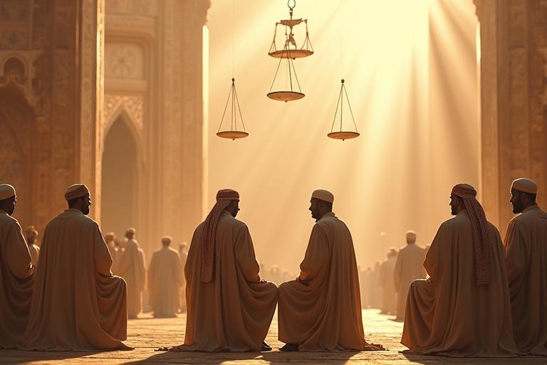 Majestic yet humble Islamic cityscape with a simple administrative tent at center. Men in traditional robes engaging in consultation. Floating symbolic scales of justice above. Light rays representing honesty and divinity.
