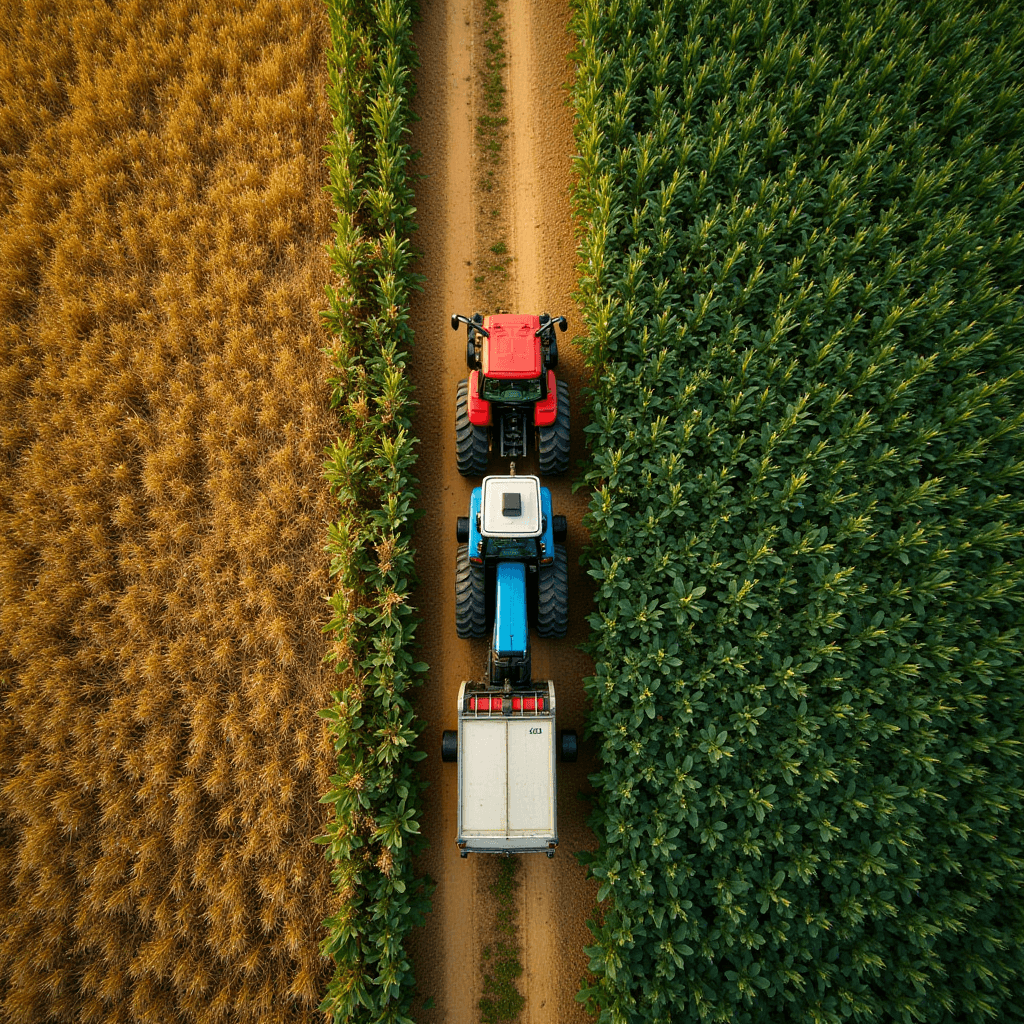 Aerial view of a red and blue tractor traveling on a dirt path flanked by golden crops on one side and lush green crops on the other.