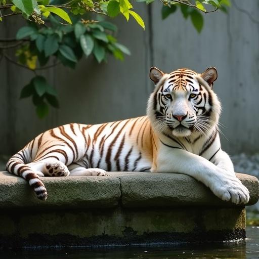 Photo features a white tiger lying on a concrete ledge. Tiger's head rests on edge. Front paws hang down. Background shows grey concrete wall. Green tree leaves appear at top left. Sunlight filters through leaves. Tiger has orange and white fur with black stripes. Concrete ledge shows moss and small rocks. Water is visible below. Scene is set in daytime with natural light. Atmosphere is calm and peaceful. Image is sharp and realistic. Medium shot captures focused view of tiger. Displays serene natural habitat.