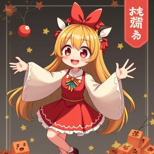 A cute girl with fox ears wears a red dress and a big bow on her head. She has a joyful expression. The background has stars and toys. The girl has blonde hair with a light shade.