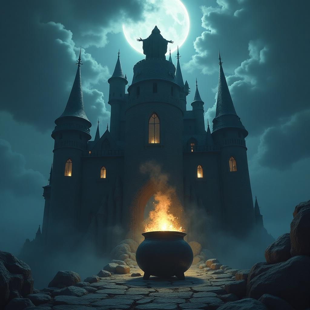 A dark and eerie castle stands tall under a full moon. The castle features jagged walls adorned with gemstone balls. A wizard is positioned at the top of the castle, gazing into a flaming cauldron at the base, creating a mystical atmosphere.