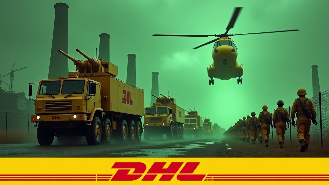 In a dramatic scene, several large yellow armored trucks equipped with prominent cannons drive up to a fence. The sides of the trucks show the DHL logo. Nearby, several soldiers wearing yellow uniforms and holding rifles are seen marching together in unison. One soldier is holding a flag with the DHL logo. In the background, we can see the prominent smokestacks of a nuclear power plant, glowing green. The sky is awash with an evil green glow, and a large yellow Chinook CH-47 cargo helicopter flies above, adding to the intensity of the scene. At the bottom, we see the DHL logo, displayed in bold, yellow text.