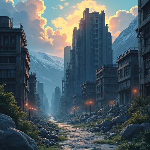 Post-apocalyptic scene featuring towering buildings in anime style. Landscape shows a pathway leading through crumbling structures. Mountains visible in the background under a dramatic sky.