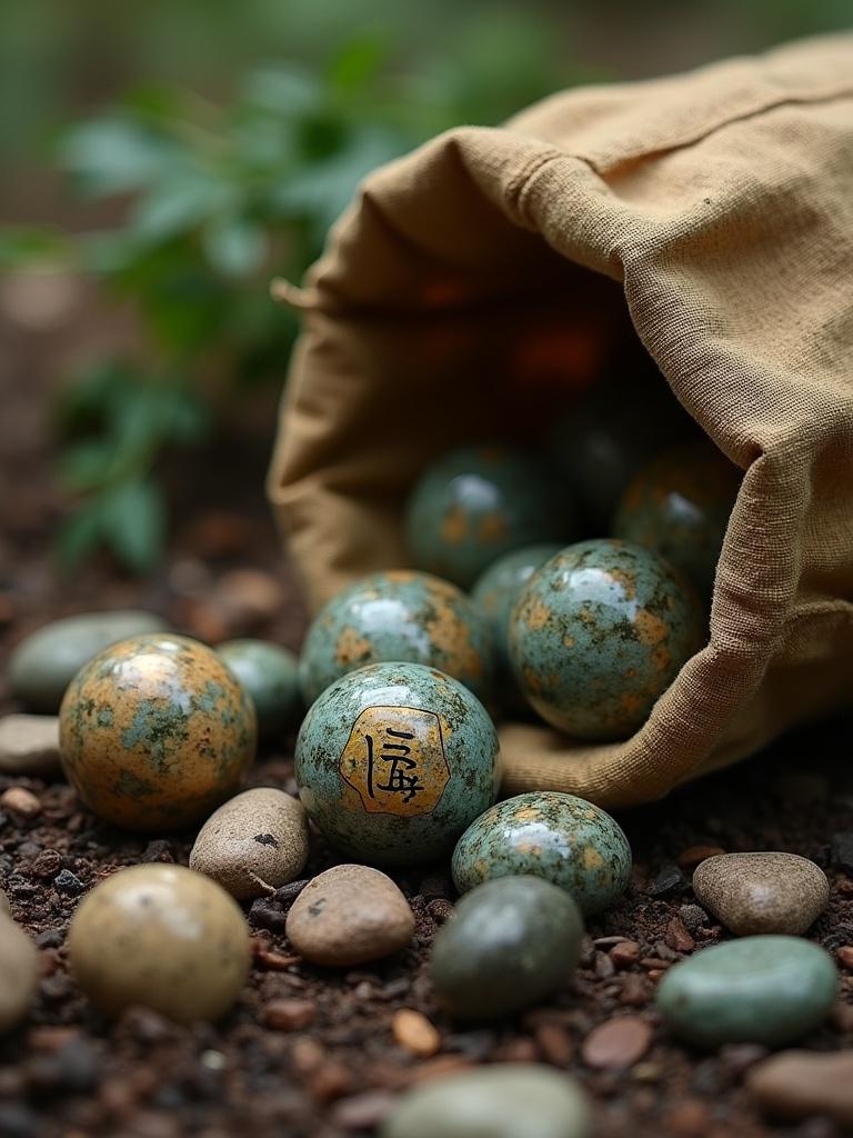 Marbles made of Desert Dream granite are spilling out of a light brown patchwork canvas sack. The scene shows a forest floor with pebbles and plants. The marbles have etched Chinese Seal Script designs, and the overall feel is natural and artistic.