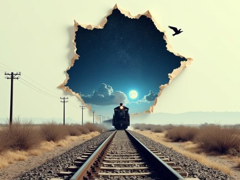 Surreal and semi-photorealistic image. Jagged tear resembling torn paper. Desert landscape under pale sky. Sparse dry bushes and telephone poles. Railway track centered in foreground leading into tear. Dramatic night sky with stars and bright crescent moon. Vintage black steam locomotive pulling freight cars emerging from starry expanse. Silhouetted bird in upper corner. Strong leading lines from tracks creating depth. High detail rendering captures textures in scene.