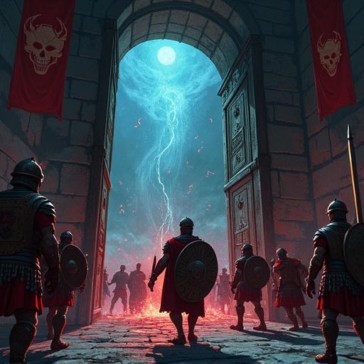 Dark cartoon style portrayal of supernatural attack at Roman city gatehouse. Ethereal spirits flood into narrow streets. Roman soldiers struggle to block doorway. Chaotic atmosphere with terrified citizens. Worn stone arch, legion banners, and thick smoke present.