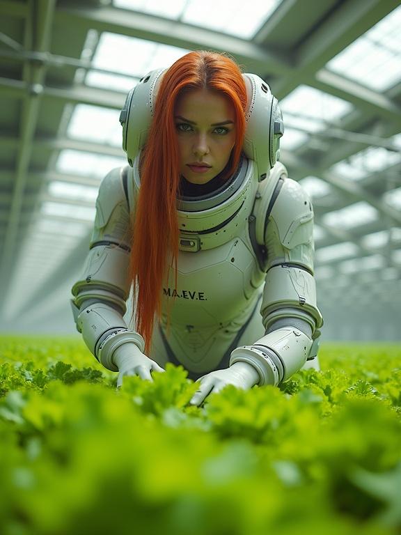 Cultivating lettuce plants in a futuristic agricultural dome on Mars. Female android engineer tending to vertical veggie planters. She wears a special extra-terrestrial suit with M.A.E.V.E etched on her chest. Long red hair details and sharp focus on her face. Volumetric lighting enhances the scene.