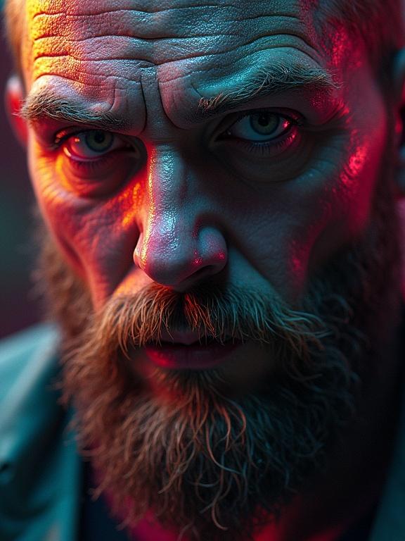 Hyperrealistic rendering of hangman Billington. Vibrant colors and dramatic lighting with shadows. Mid shot capturing detailed facial features. 2/3 face angle with colorful background.