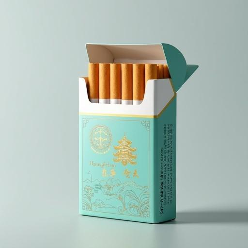 An opened cigarette pack is displayed prominently. The box is light turquoise with golden crane and pavilion patterns. Chinese characters are present for branding and health warnings. Cigarettes are neatly arranged inside. The background is simple light gray. The image is realistic with high clarity.