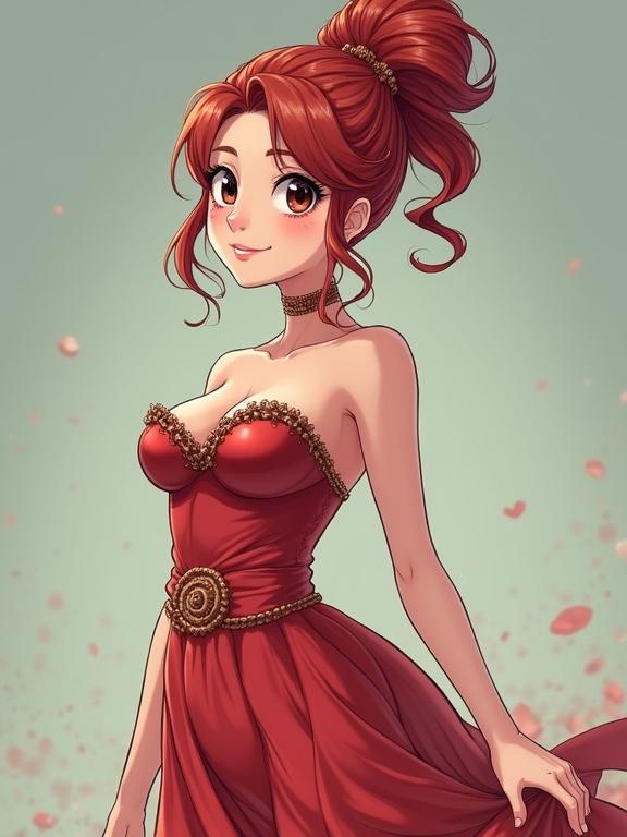 Anime character styled as a mother. Long red dress with golden accents. Updo hairstyle. Full body pose. Standing with a confident expression.