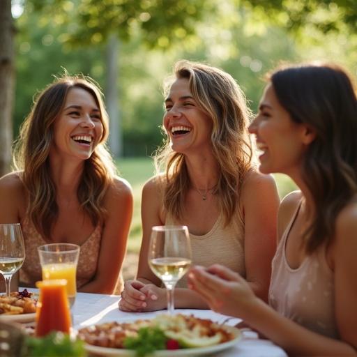 Four friends laughing at a summer barbecue next to a picnic table. Lower saturation and no dramatic lighting.