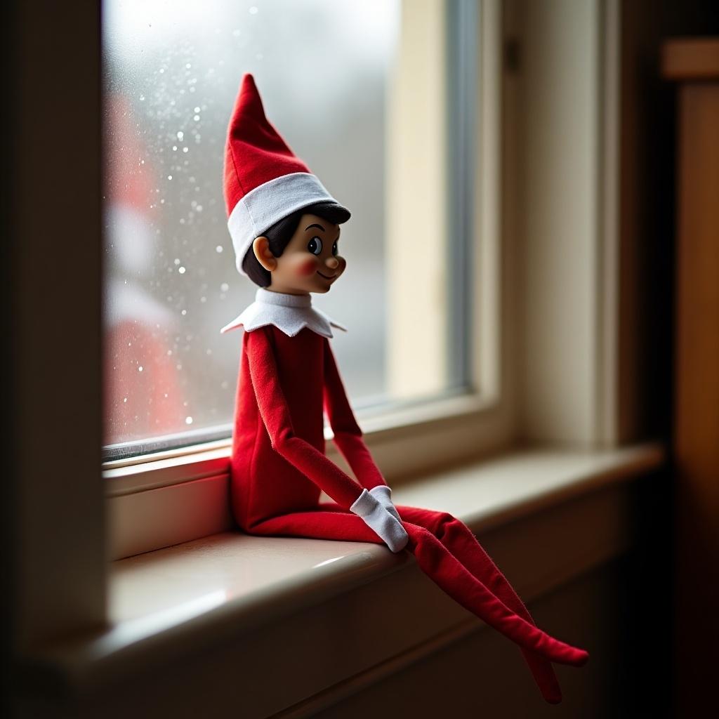 Elf on the shelf sitting on a windowsill. The elf has a playful expression. The setting is indoors with soft lighting.