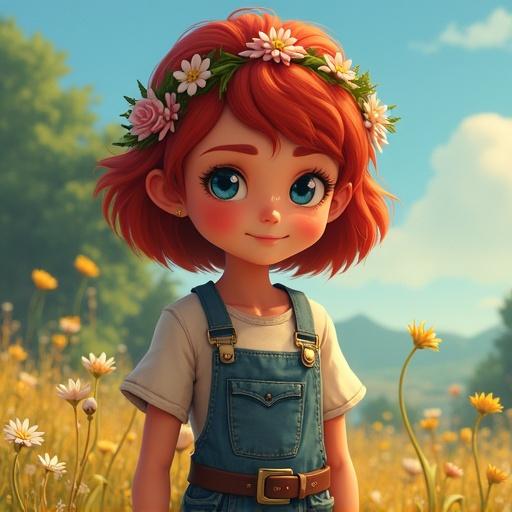 Generate a realistic interpretation of a character with red hair. The character wears a flower crown and denim overalls. The scene features colorful flowers in a bright environment. Emphasize a cheerful and whimsical vibe.