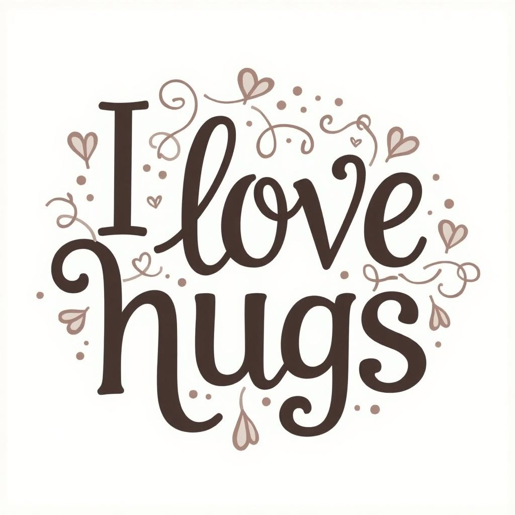 The image presents the phrase I love hugs in a decorative font. Intricate swirls and flourishes enhance the design. The color palette features soft grey and dark brown. The background remains transparent. Ideal for artistic applications.