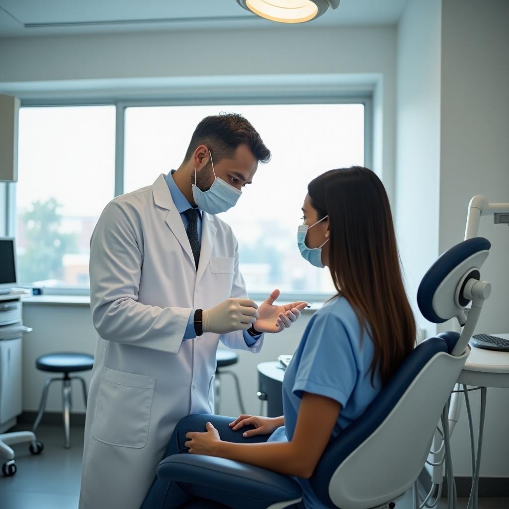 Dentist with patient in a modern dental office. Bright and clean environment with medical equipment visible.