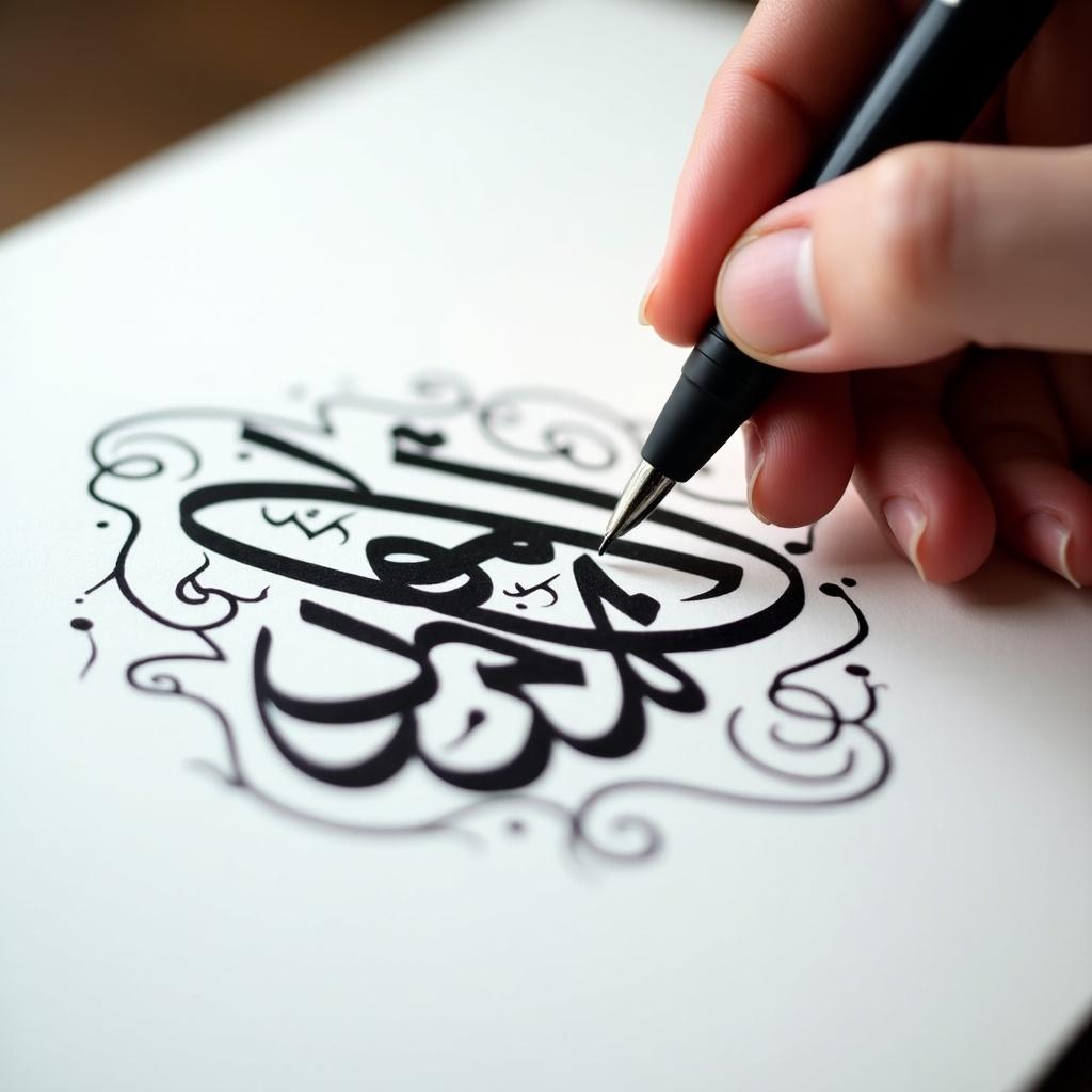 Close-up view of hand using pen to write Arabic calligraphy. Bold black ink on white paper. Hand is steady and focused on letters. Designs surround the main calligraphy. Soft lighting enhances the strokes. Alekya to be written.