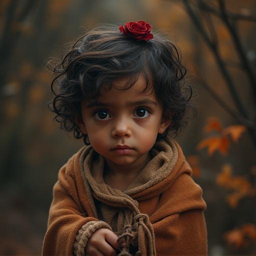 A close-up portrait of a child with curly hair wearing a brown sweater, adorned with a red rose. The child has a serious expression, surrounded by autumn foliage.