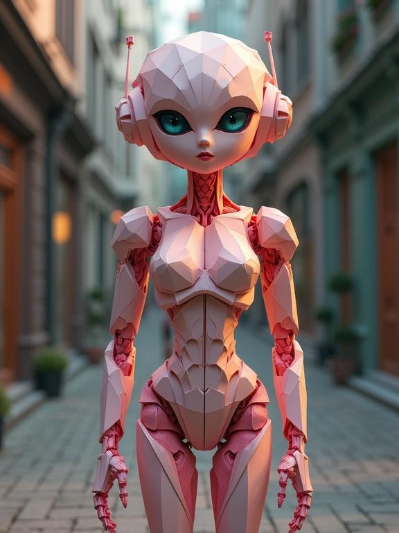 3D rendered digital art of a robotic figure with geometric patterns. The figure is designed with pink and beige tones. The setting is a nighttime scene with a full-frame view. A harmonious blend of curves and angles enhances the futuristic aesthetics.