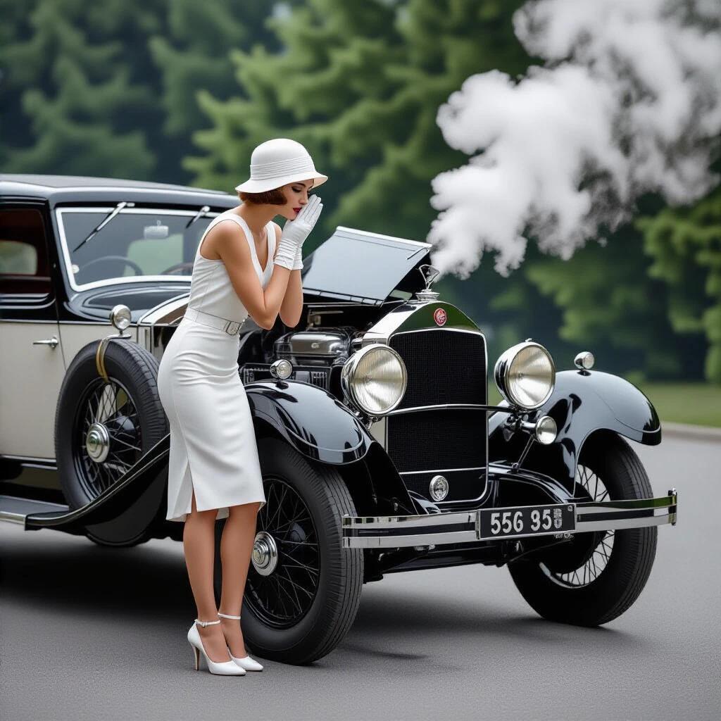 A woman in a white cloche hat and short dress is leaning over the left-side fender of a 1928 Mercedes-Benz Sportwagen. Both palms pressed to her cheeks. Steam is rising from the engine. The scene captures a comedic moment of despair. The background features a misty mountain pass.