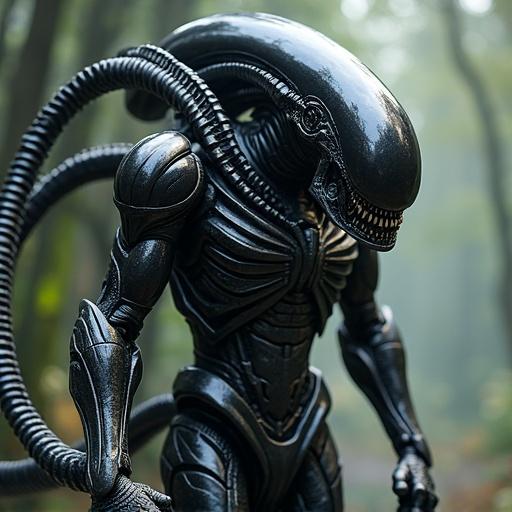 Morphing design that combines Iron Man armor with Alien Xenomorph features creating a futuristic and scary character.