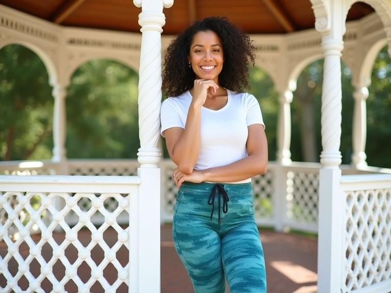 Latina woman in her 20s to 30s poses outdoors. She is light-skinned and has a medium build. She leans against a white wrought-iron railing of a gazebo. Smiling with a hand on her chin. She wears a white Puma t-shirt and teal-blue patterned leggings. Her athletic sneakers are gray. Natural bright lighting highlights the gazebo background. Surrounding foliage adds depth. Casual athletic style is photojournalistic. Mood is cheerful and confident.