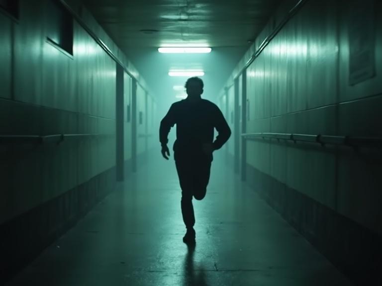 Character runs down a dark corridor. Strobe lights flash. Camera shakes. Sounds of chasing behind. High tension. Blur effect gives cinematic feel.