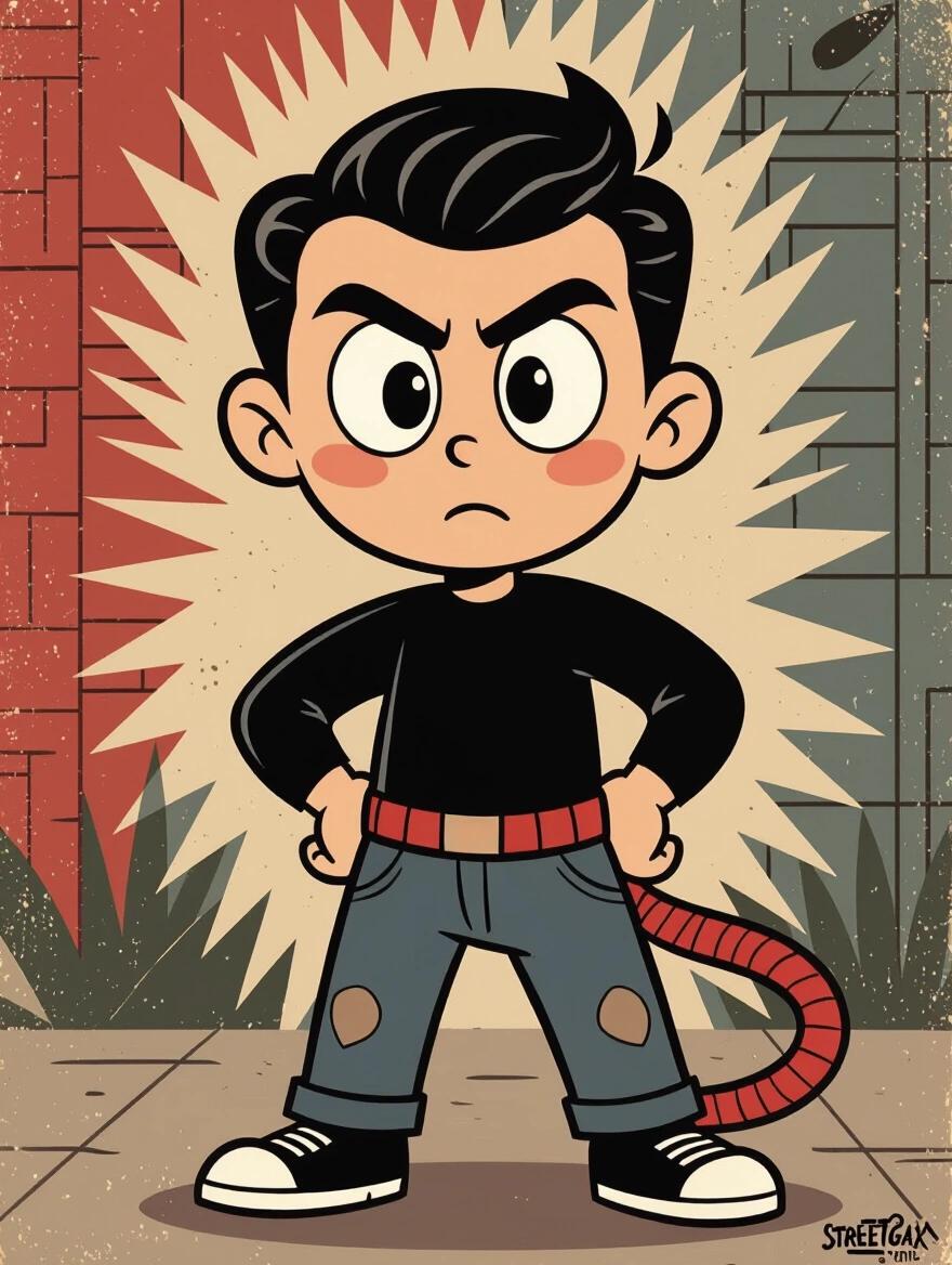 Character in 1930s rubber hose animation style. Hand-drawn 2D cartoon with thick outlines. Confident young adult with serious expression. Dynamic pose in modern streetwear. Muted colors with limited palette. Flat cel shading. White background. Clean, mature cartoon style.