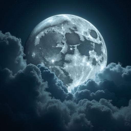 Picture of a bright full moon surrounded by soft clouds in the night sky