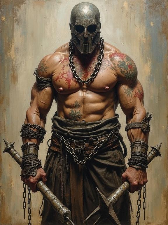 Rough oil painting in an antique style. Muscular man with crude armor. Body covered in chain-bound plating and tattoos. Holds a spiked maul and a hooked chain. Face hidden by an iron visor.