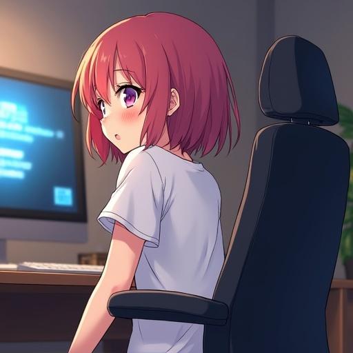 Anime girl embarrassed while streaming. She has short pink hair. Blushing face, wearing a t-shirt. View from webcam angle shows her getting up from a chair. Chat on the side.