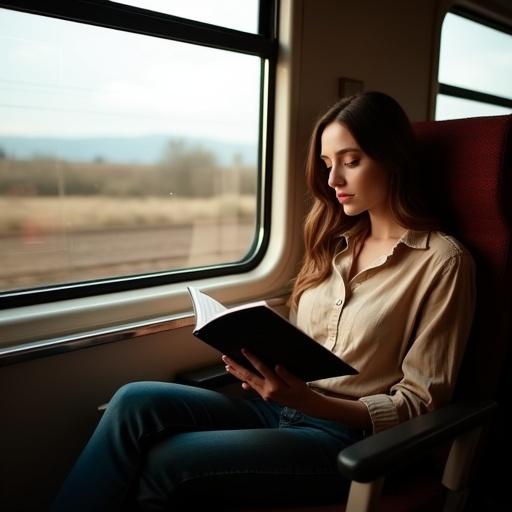 Brunette woman reading book in first-class train compartment. Blurred landscape outside window indicates speed of train.