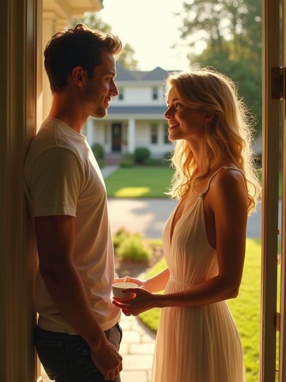 Cinematic scene on a sun-drenched suburban porch. A beautiful woman in a light summer dress holds an empty sugar bowl. Eyes lock with a handsome man inside who is at the door. He leans against the frame with a smile. Background features a quiet upscale neighborhood. Warm golden lighting creates soft shadows, emphasizing chemistry.