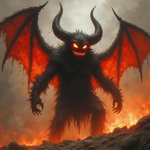 Demon with horns and glowing eyes stands amidst flames. Features dark fur and dramatic presence.