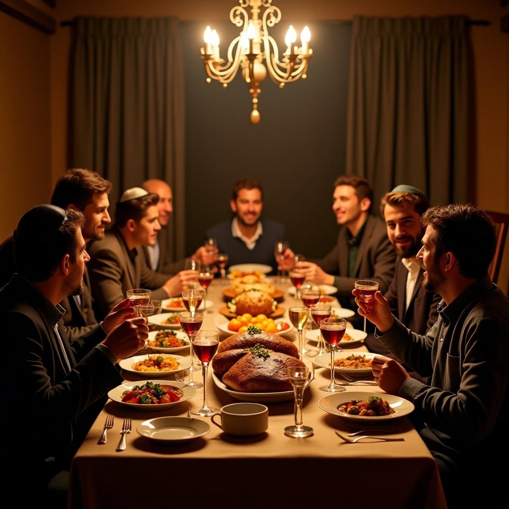 A Jewish fraternity gathers for a final supper-like meal. Men seated around a long dining table. Food and drinks on the table. Warm lighting from chandelier above. Guests sharing a joyful moment. Celebratory atmosphere. 