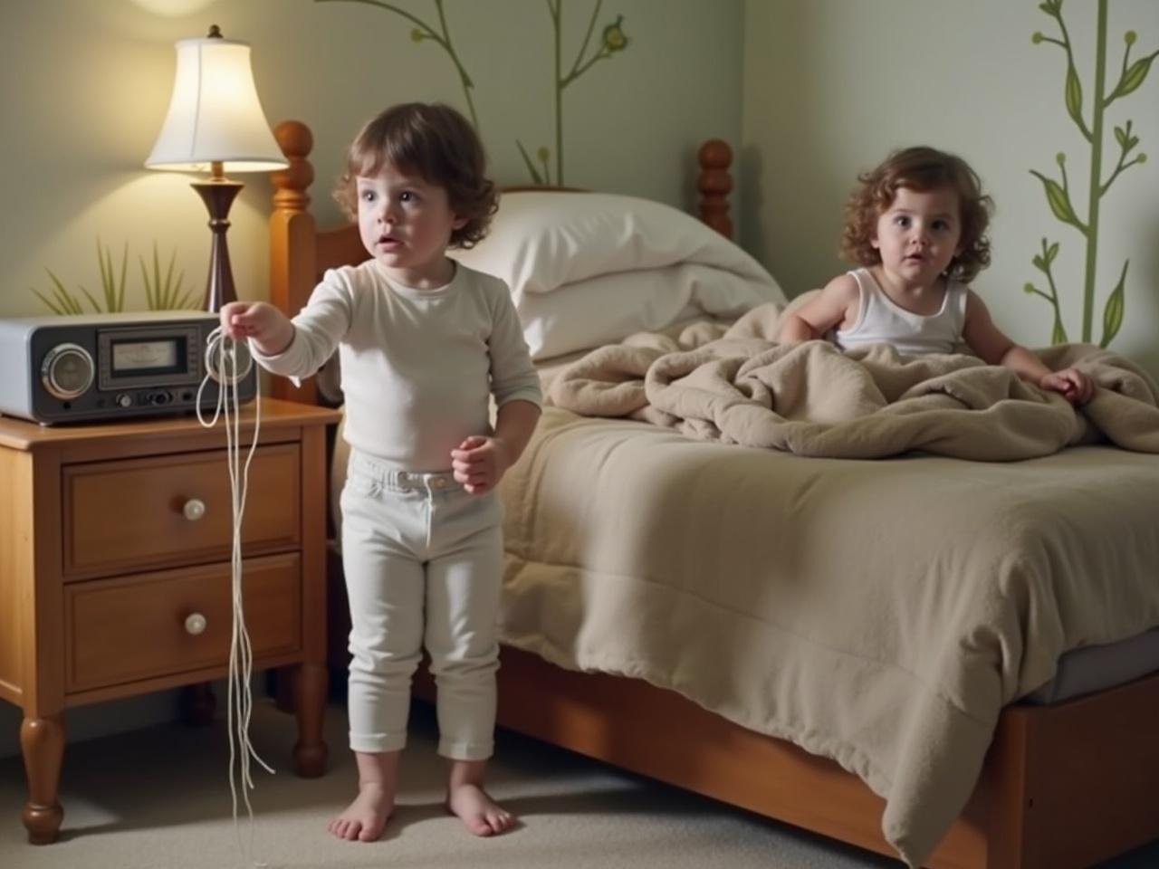 The image features two small children in a bedroom setting. One child stands on the floor, holding some strings or yarn, looking surprised or curious. The other child sits on the bed, partially covered with a blanket, and gazes directly at the camera. The room has simple furnishings, including a lamp and a vintage radio on the bedside table. The walls are decorated with a mural of leaves and a small bird. The overall mood of the image is innocent and playful, typical of childhood moments.