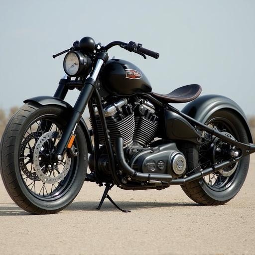 Motorcycle with a robust design. Features a blower engine. Captured in natural light. Side view emphasizes details and craftsmanship.