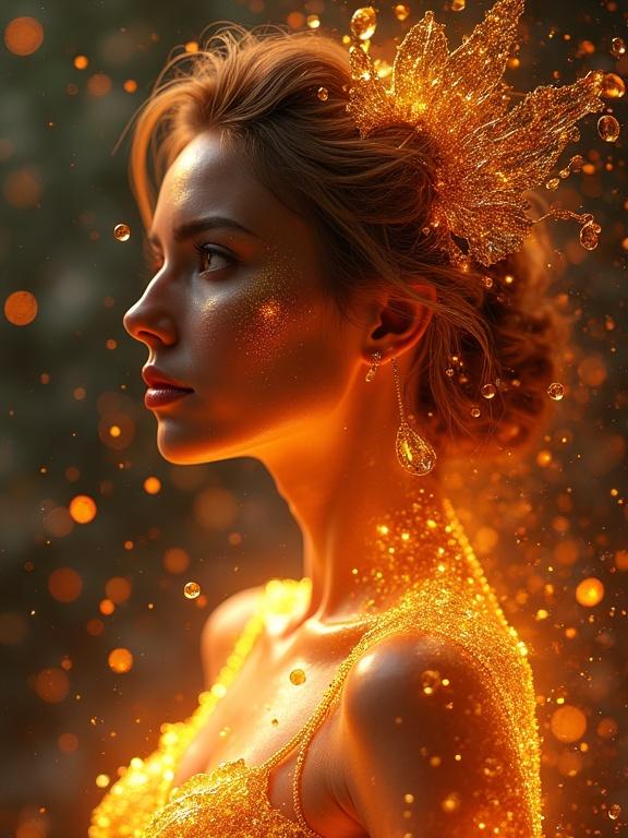 A glowing woman with gold particles in a luxurious setting. Beautiful profile with textured details. Soft warm lighting.
