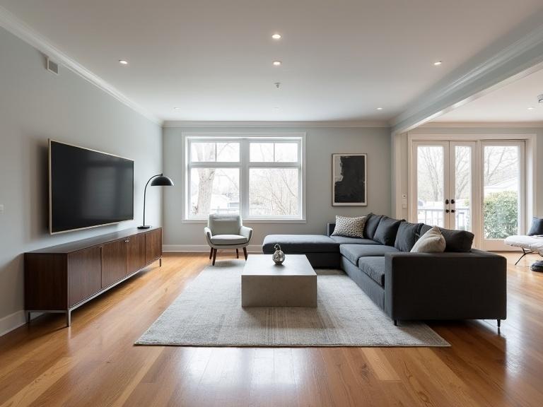 Living room features hardwood floors and warm gray walls. Large windows allow natural light. A low-profile sectional sofa in charcoal faces a dark wood media console with a large screen. A sleek metal floor lamp arches over the sofa. A rectangular coffee table sits on a patterned rug. An accent armchair adds contrast. Minimal artwork decorates the walls, with a curated selection of decor items. Recessed lighting and perhaps a pendant light enhance the space's atmosphere. The design is clean-lined and sophisticated with a focus on texture.
