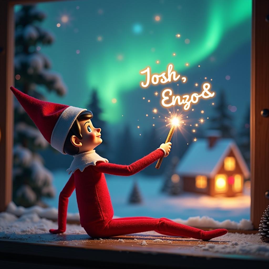 An elf on the shelf sits with its back to the viewer. The elf gazes skyward while holding a glowing wand. A charming Christmas scene is shown with colorful northern lights. A cozy house can be seen in the distance. Snow is on the ground. The elf embodies magic and wonder of Christmas. The name ‘Josh, Enzo & Laila’ appears in the air from the wand.