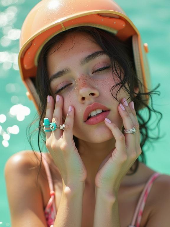 A hyperrealistic photograph of a girl with an orange helmet against a turquoise background. The scene captures strong shadows and highlights created by harsh flash. The perspective is frontal with a focus on the girl's accessories. The image showcases colorful summer motifs. Background blurs into a tropical environment.