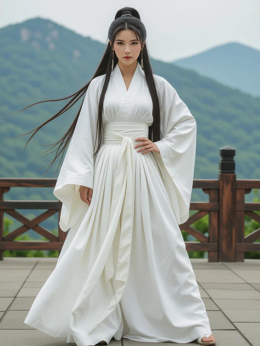 A woman wearing a flowing white dress stands confidently. She has long, dark hair and a serene expression. The background features lush green mountains, enhancing her ethereal presence. This setting conveys a sense of adventure and mystique, fitting for a film poster.