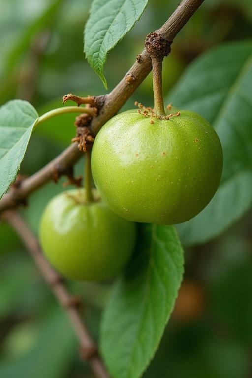 Close-up image of green amla fruits on a branch surrounded by leaves. Focus on two plump, green fruits with smooth skin. Background is softly blurred showing green foliage.
